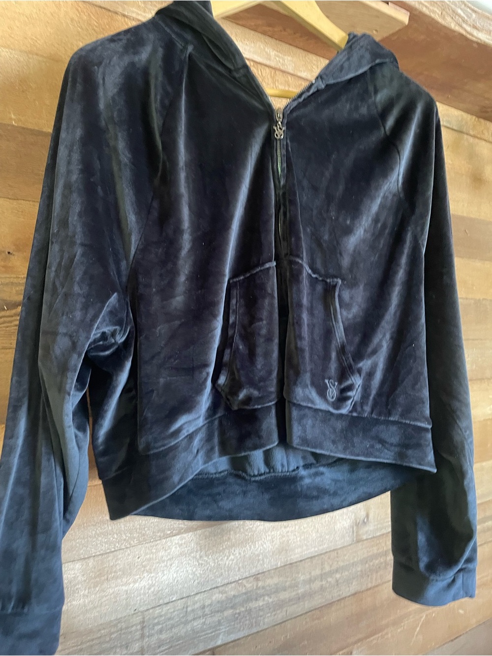 Victoria's Secret Black Velvet Zip Hoodie with VS Logo Pull